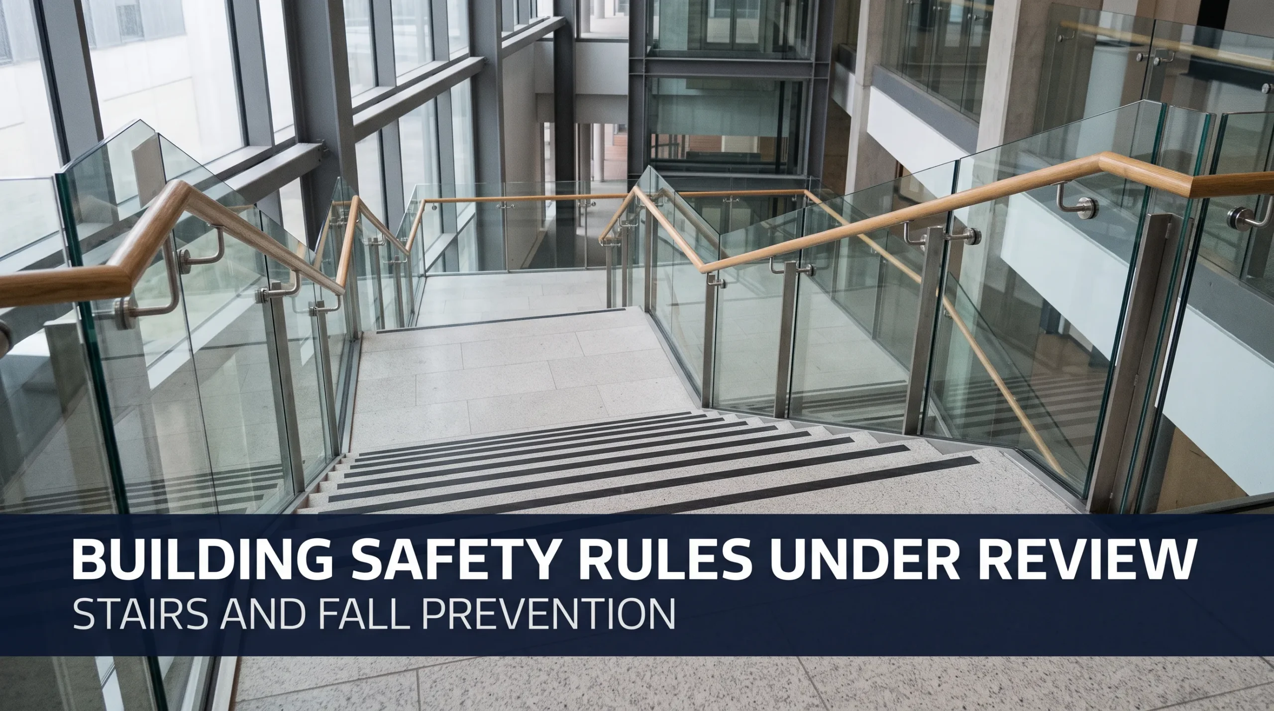Modern stairwell with glass balustrades and wooden handrails, overlaid with the headline Building Safety Rules Under Review