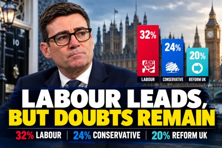 Editorial composite of Prime Minister Andy Burnham with October 2026 Ipsos poll figures: Labour 32%, Conservatives 24%, Reform UK 20%.