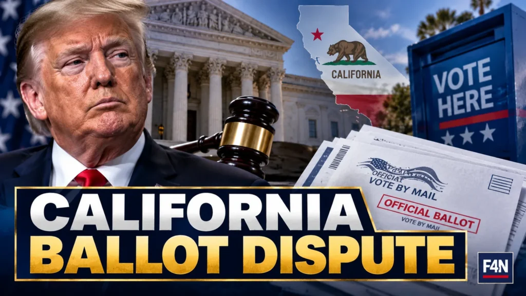 Illustration of Donald Trump beside a courthouse, Californian election ballots and a ballot box, for a report on the court dispute over 20,000 flagged voters.
