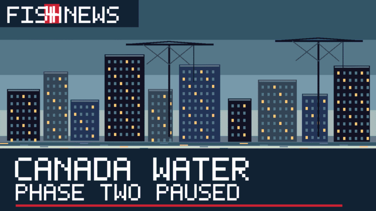 Illustrated London housing development and cranes with the words Canada Water Phase Two Paused