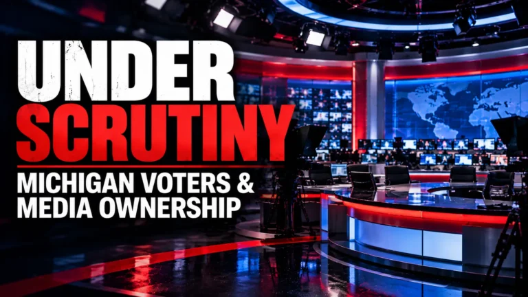 Illustration of a television newsroom with the words Under Scrutiny, highlighting Michigan voters and media ownership.