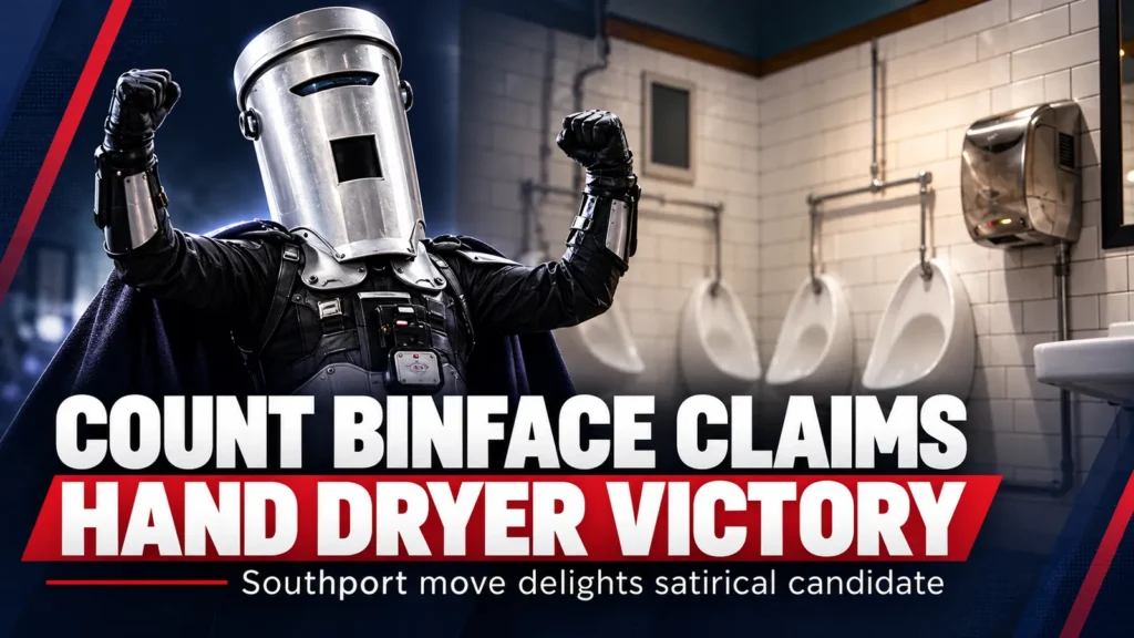 Editorial illustration of Count Binface celebrating a hand dryer victory, with urinals and a wall-mounted hand dryer in the background.