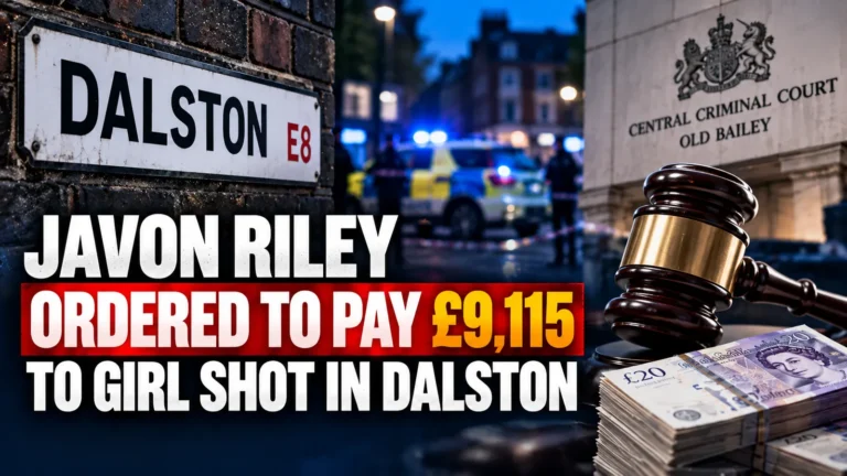 Editorial composite of Dalston, the Old Bailey, a police vehicle and banknotes illustrating the £9,115 compensation order in the Dalston shooting case.