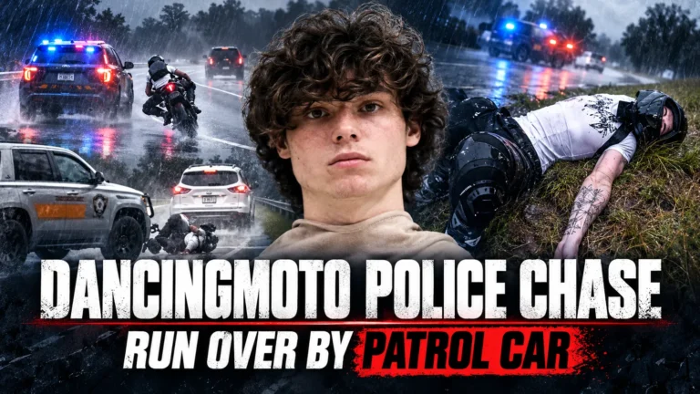 Editorial composite illustration of David Karpov, known as DancingMoto, with a motorcycle and police vehicles during a rainy pursuit in Georgia.