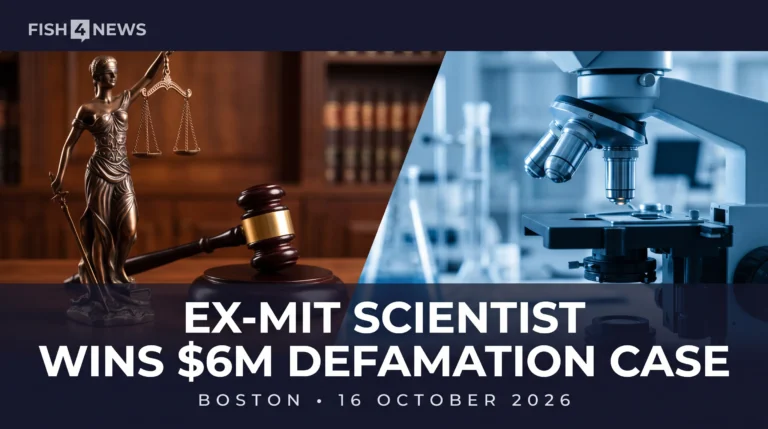 Editorial illustration of Lady Justice and a biomedical laboratory with the headline Ex-MIT scientist wins $6m defamation case.