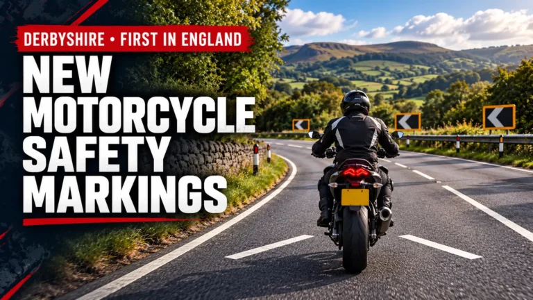 Editorial illustration of a motorcyclist riding upright between PRIME safety gateway markings on a Derbyshire road.
