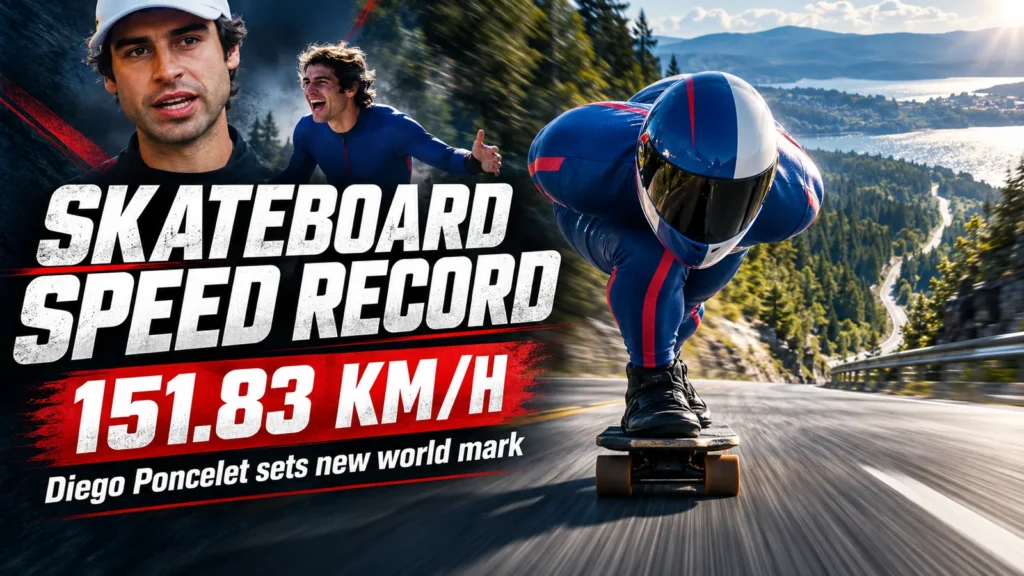 Editorial illustration of Diego Poncelet's 151.83km/h downhill skateboard world record in Canada.