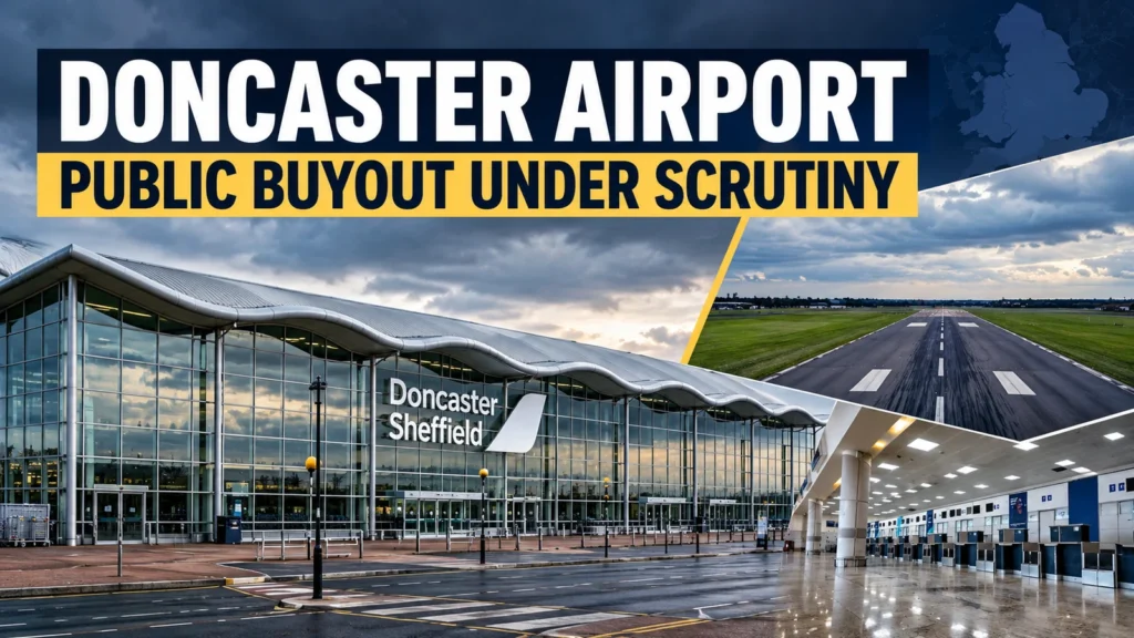 Composite graphic showing Doncaster Sheffield Airport terminal, runway and empty check-in area with headline Public Buyout Under Scrutiny
