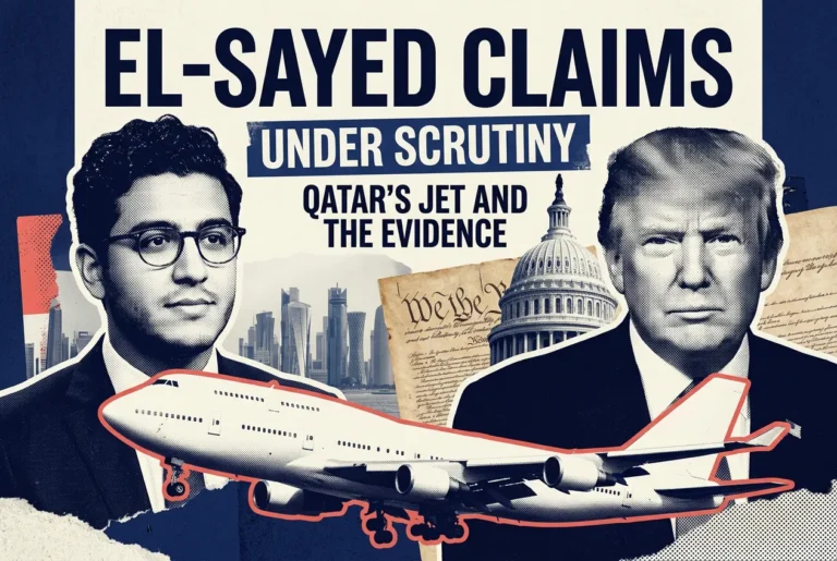 F4N editorial composite: Abdul El-Sayed and Donald Trump beside a presidential jet, with the US Capitol and Constitution imagery. Headline: El-Sayed claims under scrutiny.
