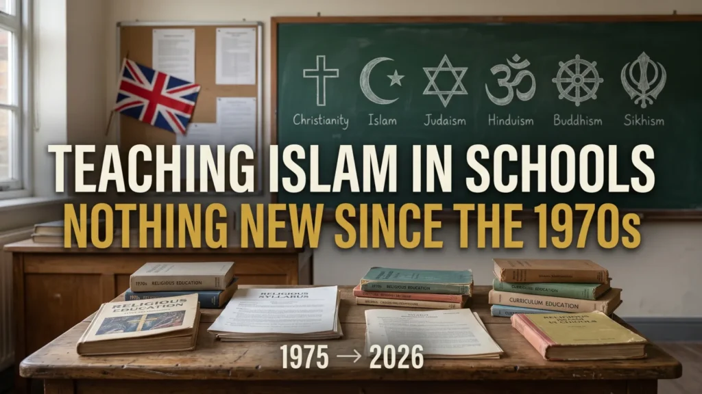 Editorial composite showing a British classroom and books for Christianity, Islam, Judaism, Hinduism, Buddhism and Sikhism, explaining that schools taught multiple religions during the 1970s.