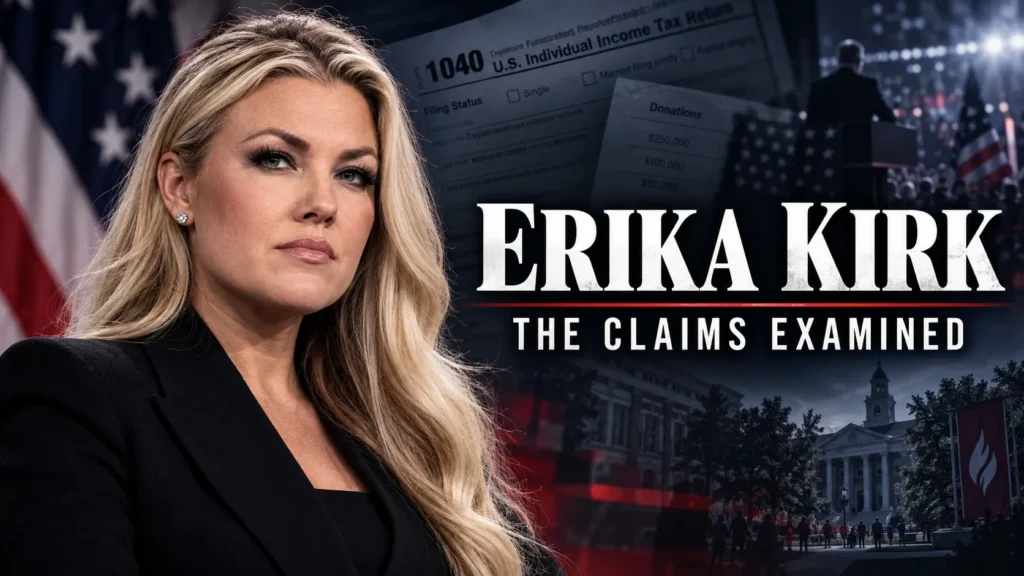 Editorial composite of Erika Kirk against American political and financial imagery, with the headline 'Erika Kirk: The Claims Examined'.