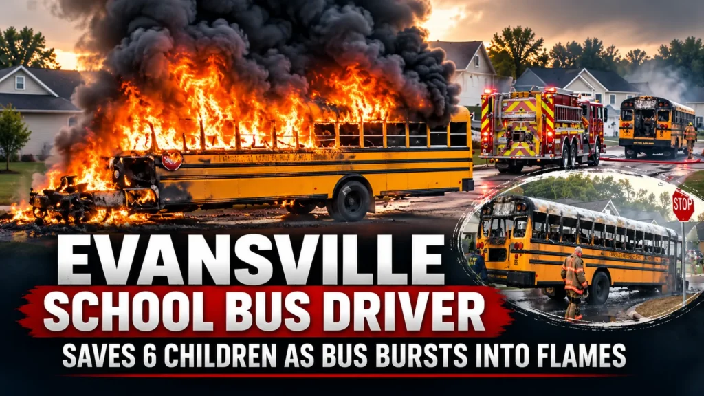 Editorial composite showing an Evansville school bus engulfed in flames, with firefighters responding and the burned vehicle afterwards.
