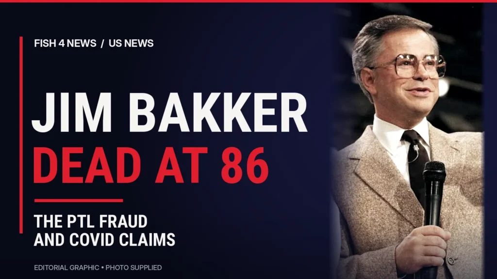 Fish 4 News graphic featuring an archival image of Jim Bakker, marking his death at 86 and referencing his PTL fraud conviction and COVID-19 remedy controversy.