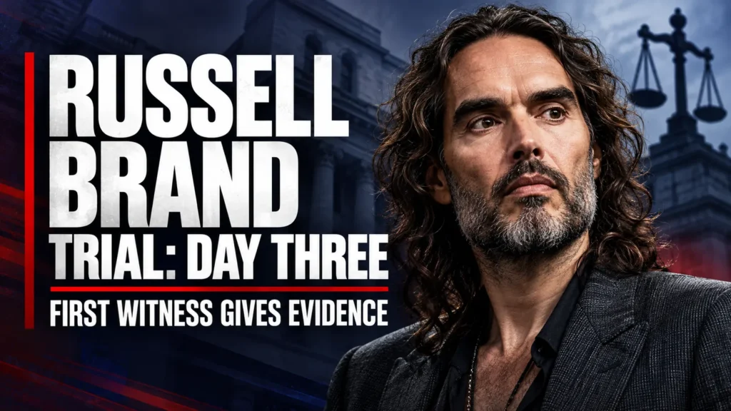 Russell Brand Trial Day Three editorial graphic featuring an illustration of Brand, a courthouse backdrop and the headline First Witness Gives Evidence.