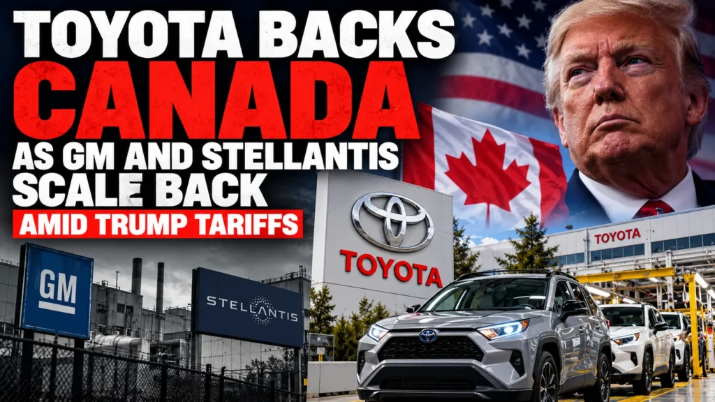 Editorial composite of Toyota vehicles and Canadian manufacturing, with GM and Stellantis factory imagery, Donald Trump and Canadian and US flags.