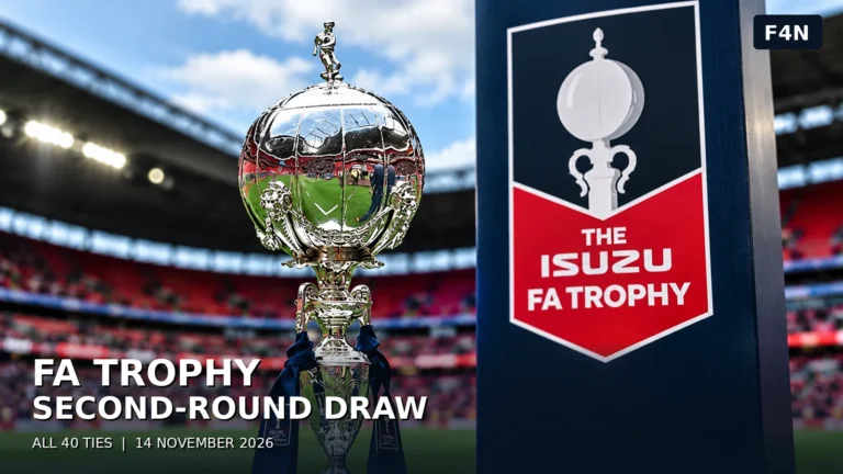 F4N sports graphic showing the silver Isuzu FA Trophy at a football stadium, with the headline FA Trophy Second-Round Draw, All 40 Ties, 14 November 2026.