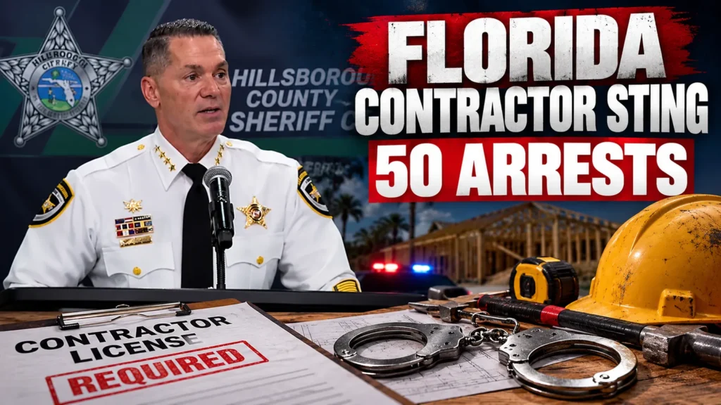 Editorial composite of Sheriff Chad Chronister at a press briefing with construction equipment and text reading Florida Contractor Sting: 50 Arrests.