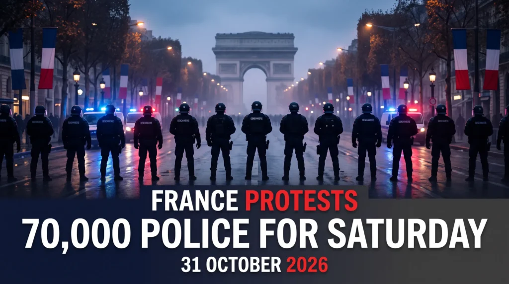 Illustrative composite of French police on a Paris avenue with the words France Protests, 70,000 Police for Saturday, 31 October 2026.