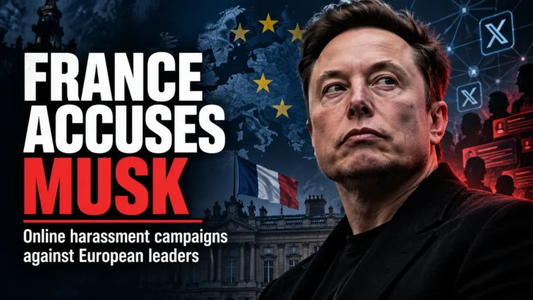 Editorial illustration of Elon Musk with the French flag, European Union symbols and X branding, accompanying France's allegations of online harassment campaigns.