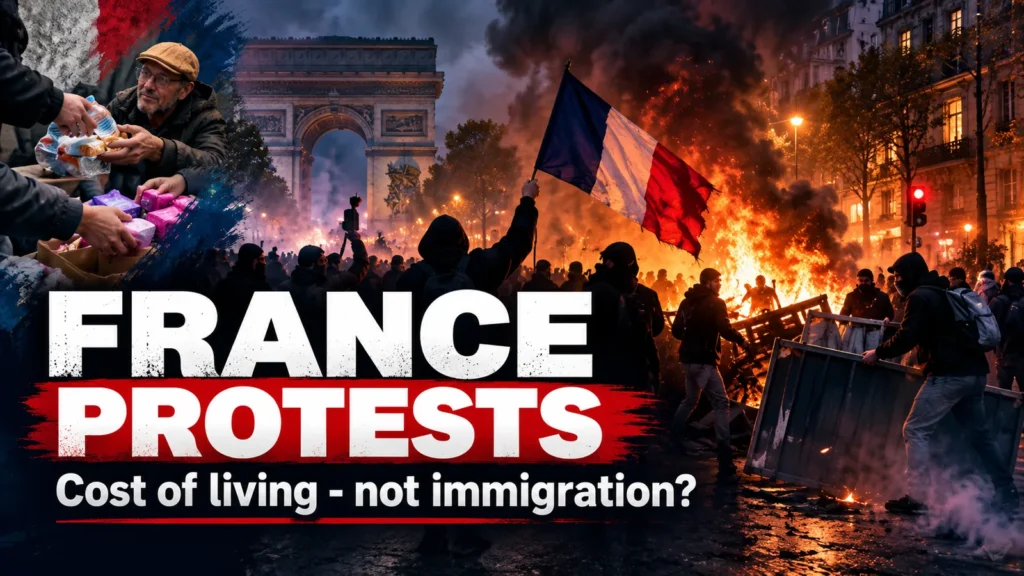 Editorial illustration of protests in France, with a French flag, burning barricades and people handing out supplies.