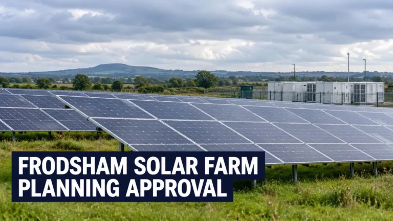 Illustration showing solar panels and energy storage, with the headline Frodsham Solar Farm Planning Approval; not a photograph of the Frodsham site.