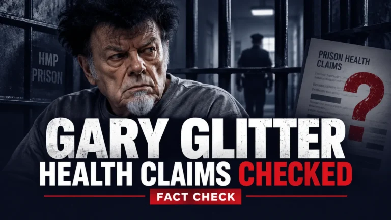 Illustrated Gary Glitter prison fact-check graphic with prison bars and the words 'Health Claims Checked'.