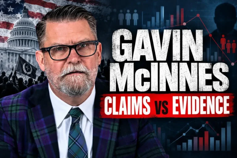 AI-generated editorial composite of Gavin McInnes with US Capitol imagery and the words Claims vs Evidence