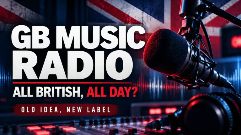 Editorial illustration of a broadcast microphone, recording studio and Union Jack background for GB Music Radio's all-British music launch.