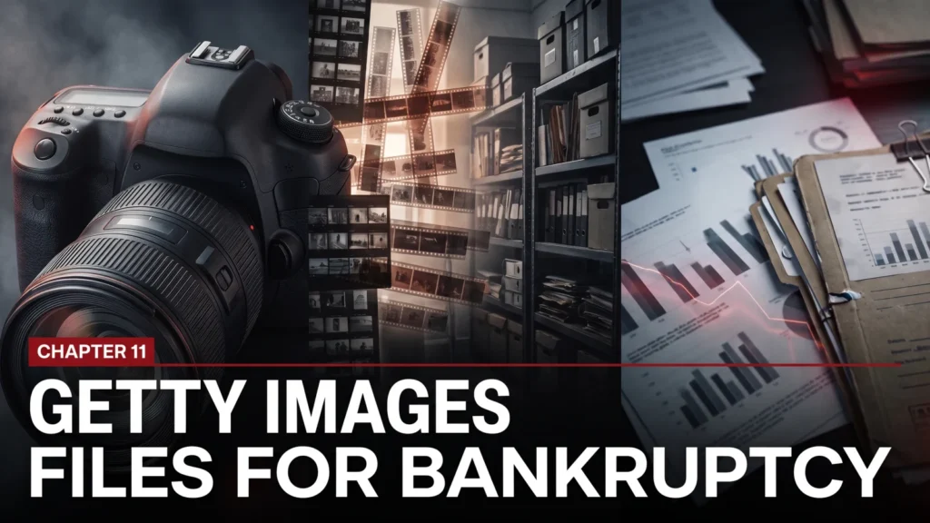 F4N editorial composite showing a professional camera, photo archive and financial records with headline Getty Images Files for Bankruptcy, Chapter 11