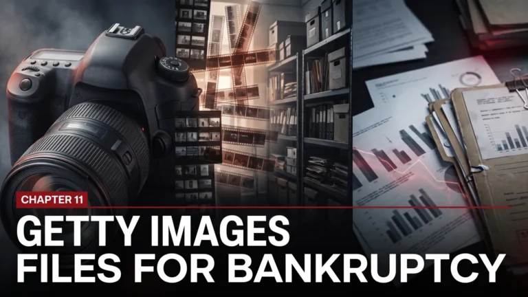 F4N editorial composite showing a professional camera, photo archive and financial records with headline Getty Images Files for Bankruptcy, Chapter 11