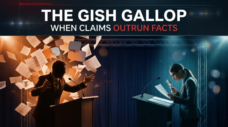 Editorial illustration contrasting a debater making numerous claims with a researcher carefully examining evidence.