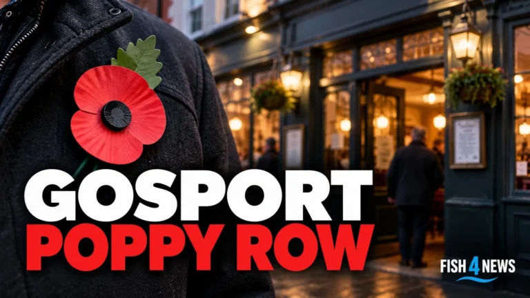 Editorial composite of a red Remembrance poppy beside a pub entrance, illustrating the Gosport Wetherspoon entry dispute