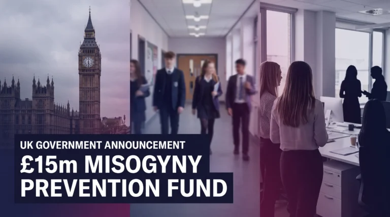 Editorial composite with the Houses of Parliament, a school corridor and an office, illustrating the government's £15m misogyny prevention fund announcement.