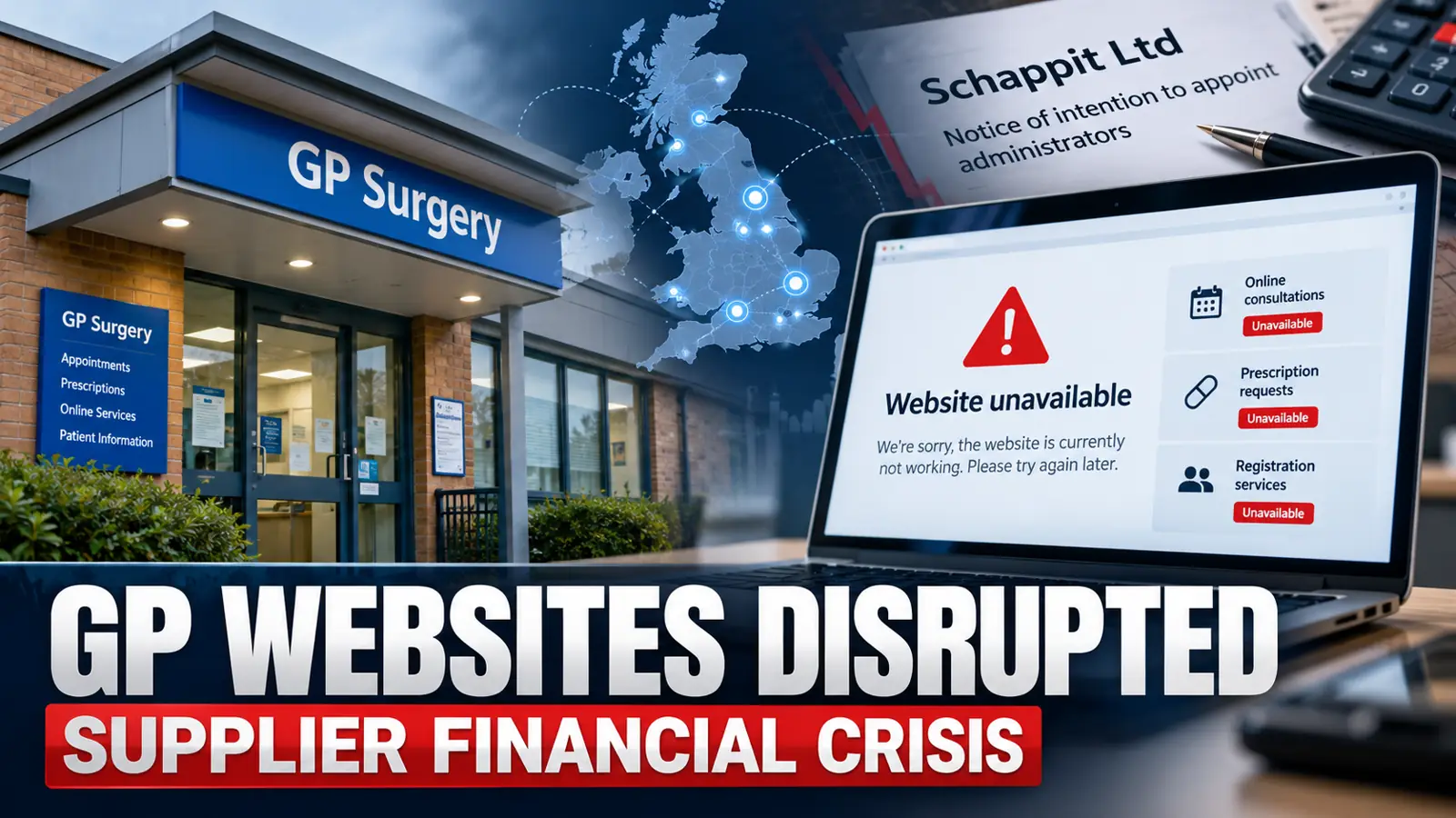 Editorial composite showing a GP surgery, a website unavailable warning and Schappit Ltd's reported intention to appoint administrators