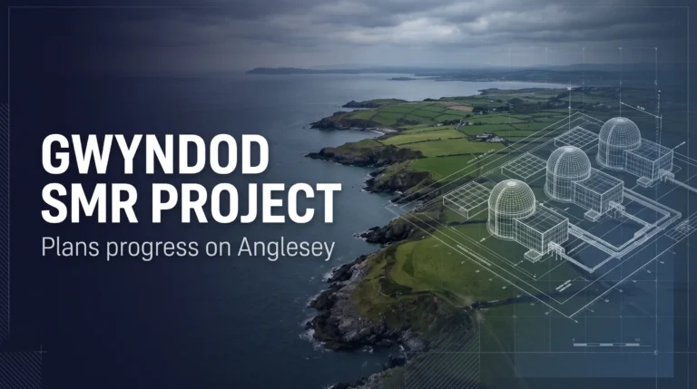 Conceptual editorial illustration of the proposed Gwyndod small modular reactor project on the Anglesey coast. The reactors have not been built.