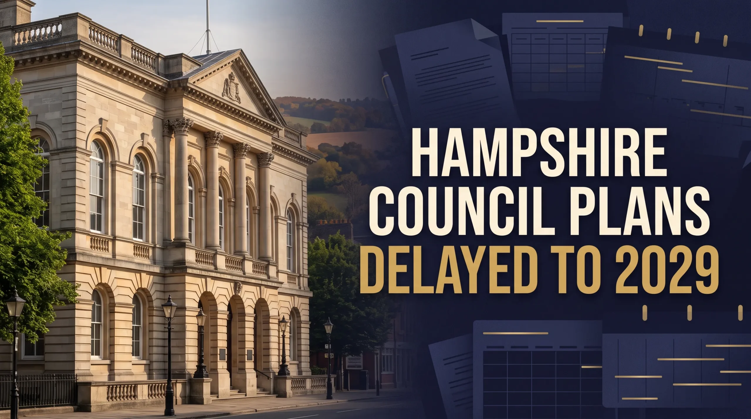 Editorial illustration of a council building with the headline Hampshire council plans delayed to 2029