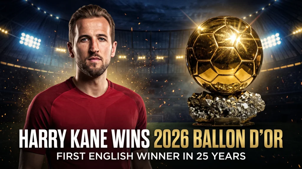 Editorial composite graphic of Harry Kane and a golden football trophy announcing his 2026 Ballon d’Or win