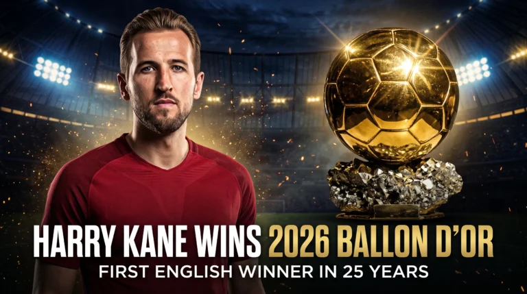 Editorial composite graphic of Harry Kane and a golden football trophy announcing his 2026 Ballon d’Or win