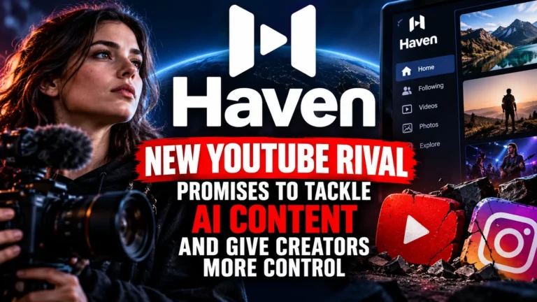 Editorial illustration of Haven, a proposed YouTube rival, with a video creator, a conceptual social media interface and platform symbols.