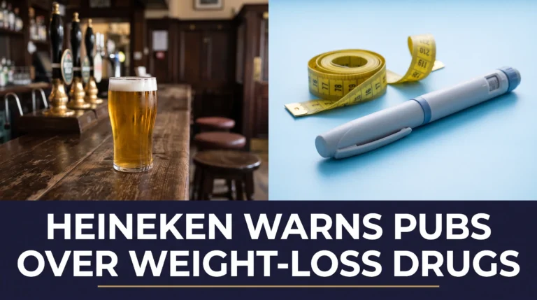 Editorial composite showing a pint of beer in a British pub alongside a weight-loss injection pen with headline about Heineken's warning