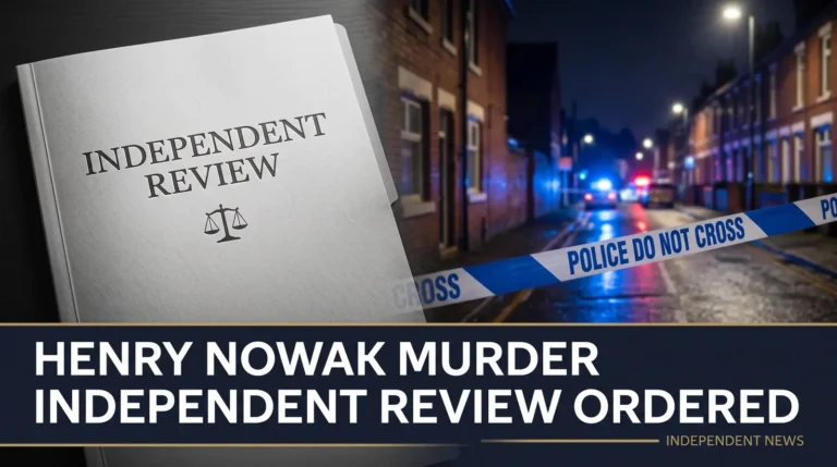 Illustrative editorial composite of a police cordon and independent review report, headed Henry Nowak murder: independent review ordered.