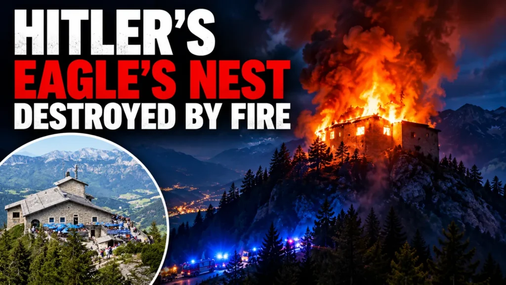 Editorial composite illustrating the Eagle's Nest on fire in the Bavarian Alps, with an inset showing the building before the blaze.