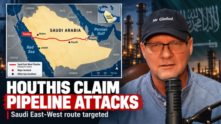 Editorial composite showing a schematic map of Saudi Arabia's East-West oil pipeline and an illustrated presenter, highlighting Houthi claims of attacks on the route.