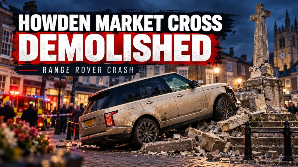 AI-generated illustration of a gold Range Rover against a damaged stone market cross, with Howden crash headline text.