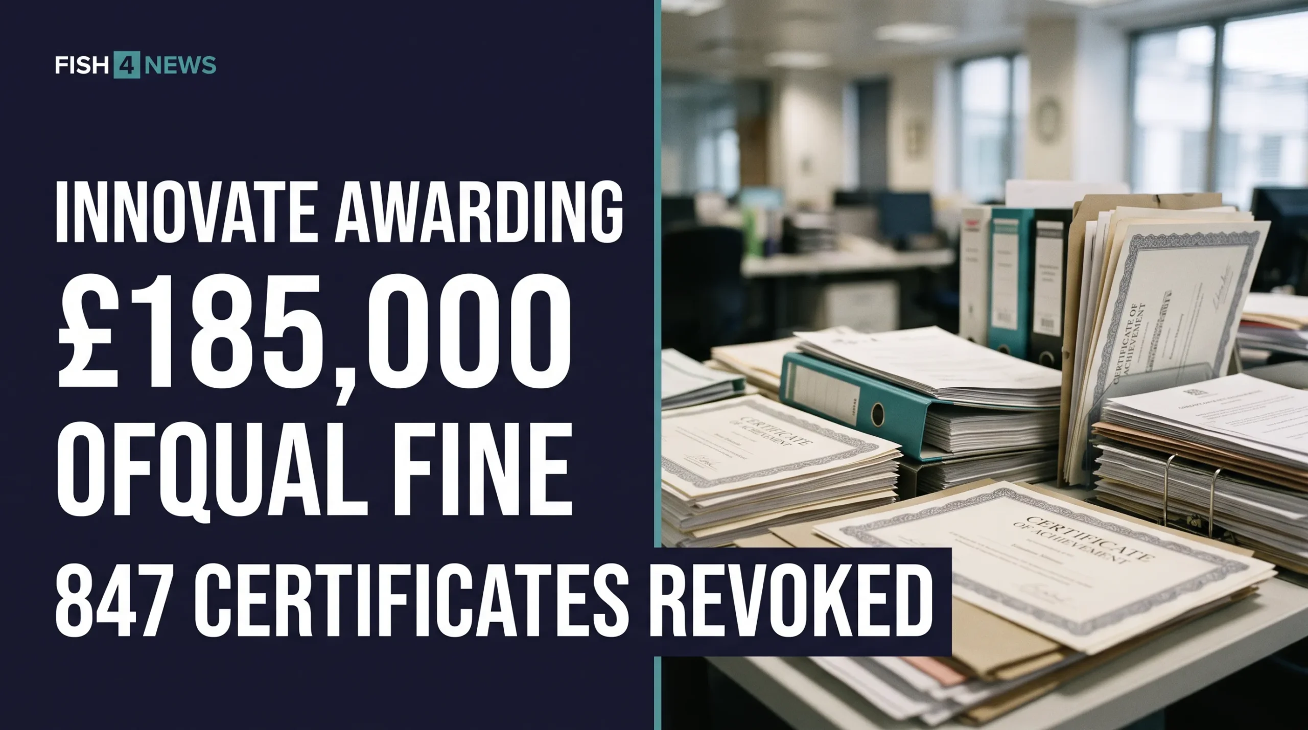 Fish 4 News graphic: Innovate Awarding, £185,000 Ofqual fine and 847 certificates revoked, beside illustrative certificate paperwork.