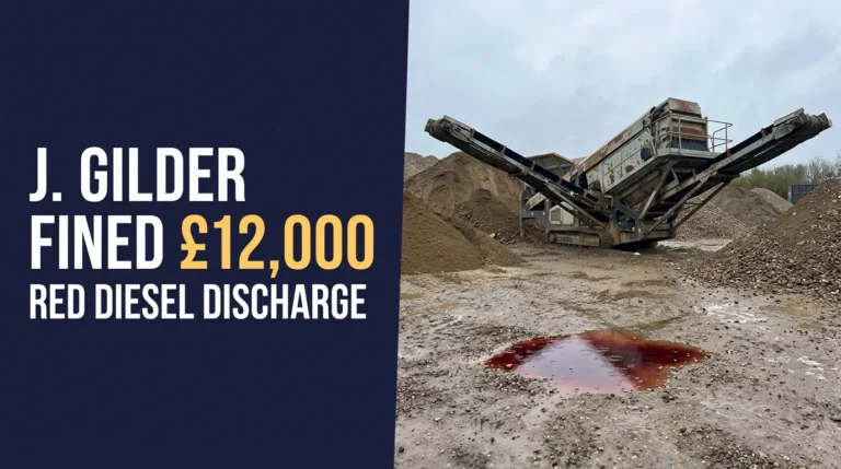 Editorial illustration of an aggregate screening machine and a red diesel spill with text stating J. Gilder fined £12,000; not a photograph of the site.