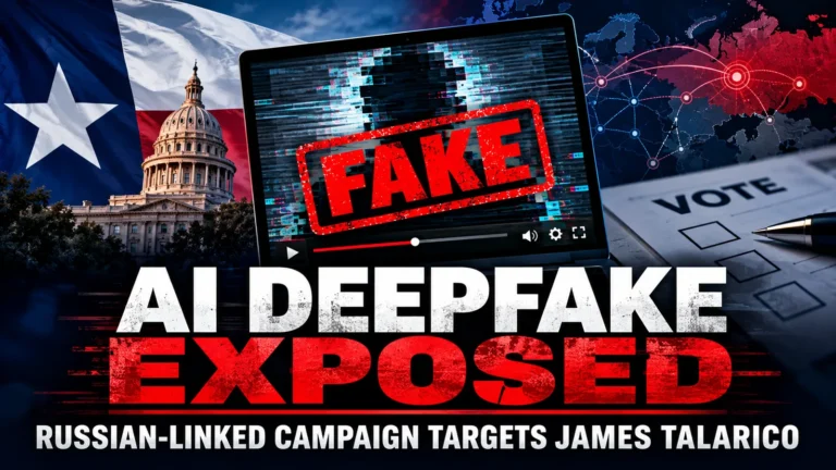 AI-generated illustration of a fake video on screen, the Texas Capitol and voting imagery, representing the Russian-linked disinformation campaign targeting James Talarico.