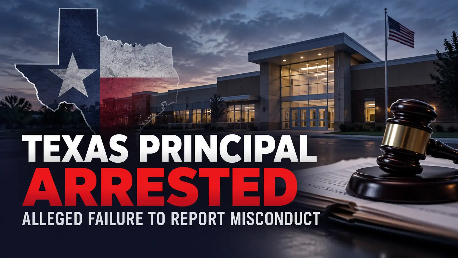 Illustrative composite of a Texas-shaped flag, an unidentifiable school building and a court gavel with the headline Texas principal arrested. No identifiable school or people are shown.
