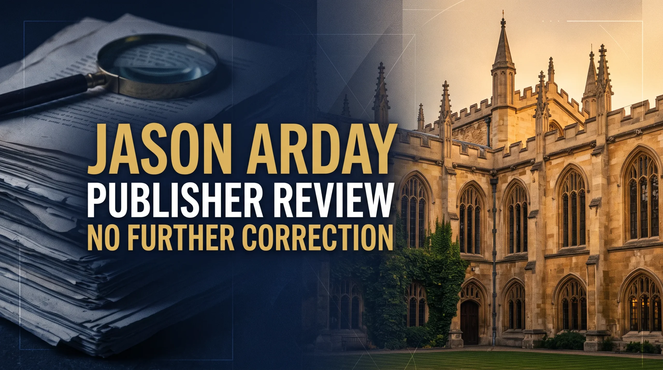 Editorial illustration showing academic papers, a magnifying glass and Cambridge-style university buildings, with text reading Jason Arday Publisher Review No Further Correction