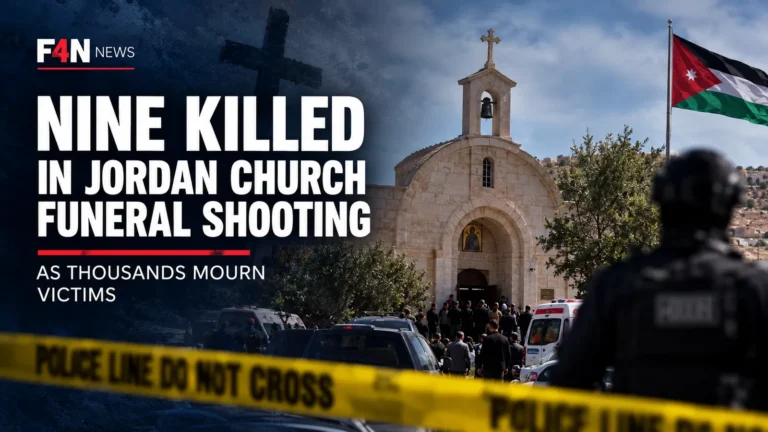 Editorial illustration of a Greek Orthodox church in Jordan with mourners, police and emergency vehicles, marking the funeral shooting that killed nine people.